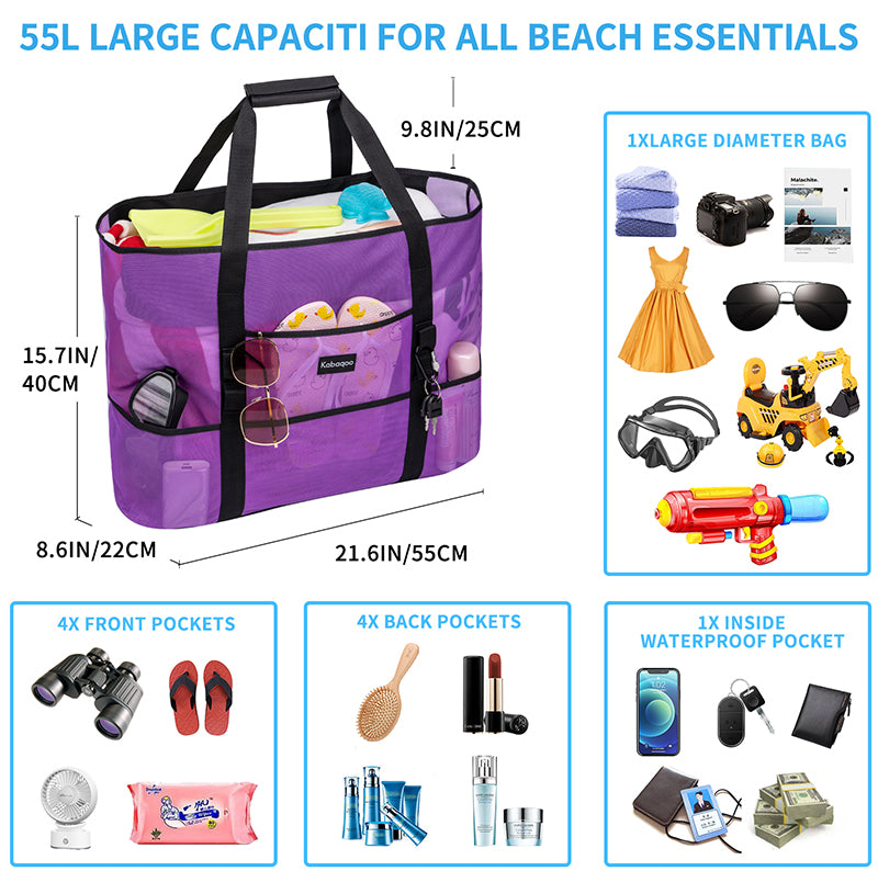Large Lightweight Solid Mesh Beach Bag with Zipper