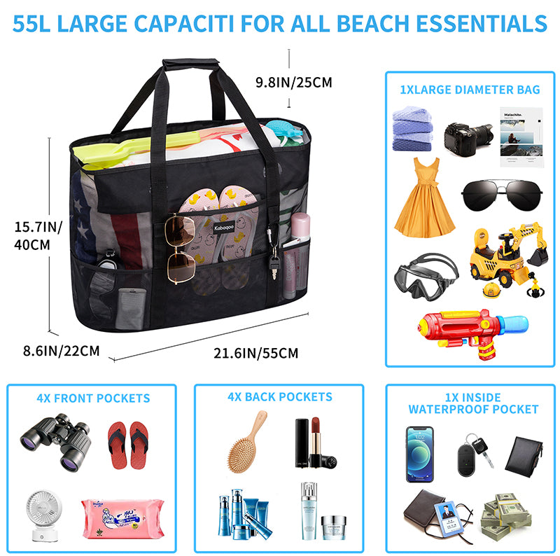 Large Lightweight Solid Mesh Beach Bag with Zipper