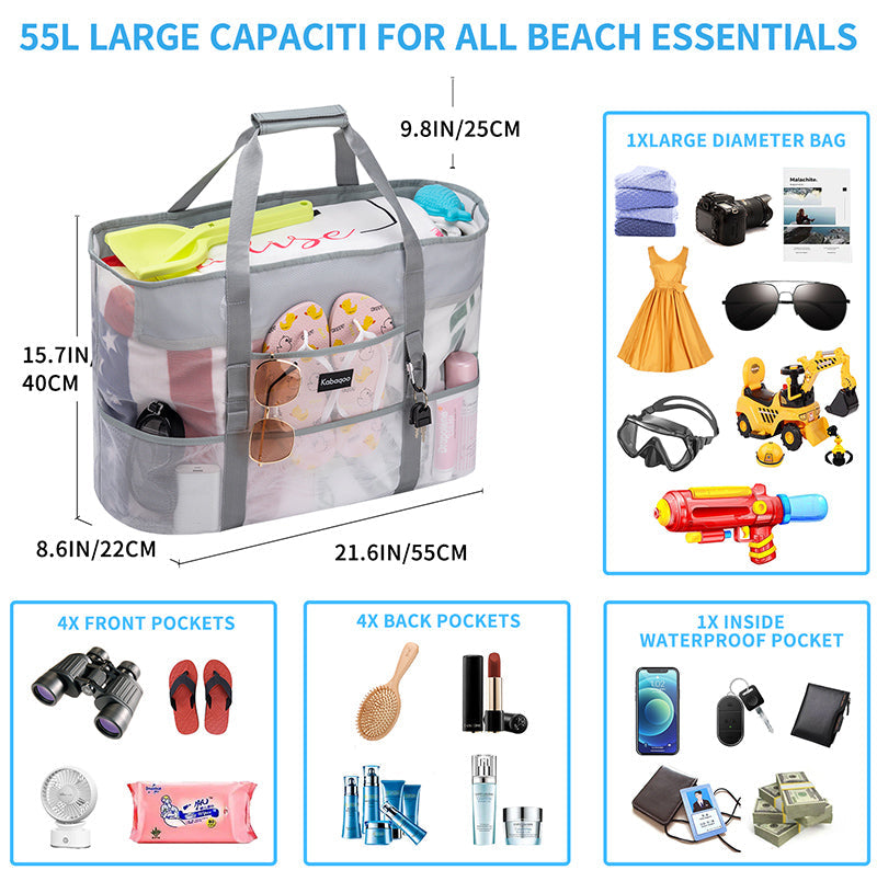 Large Lightweight Solid Mesh Beach Bag with Zipper