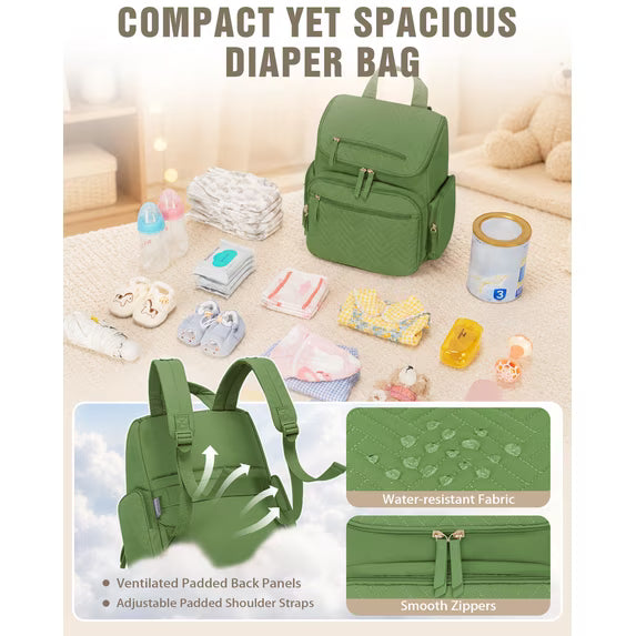 KABAQOO Diaper Bag Backpack with Changing Pad and Insulated Pockets, Green