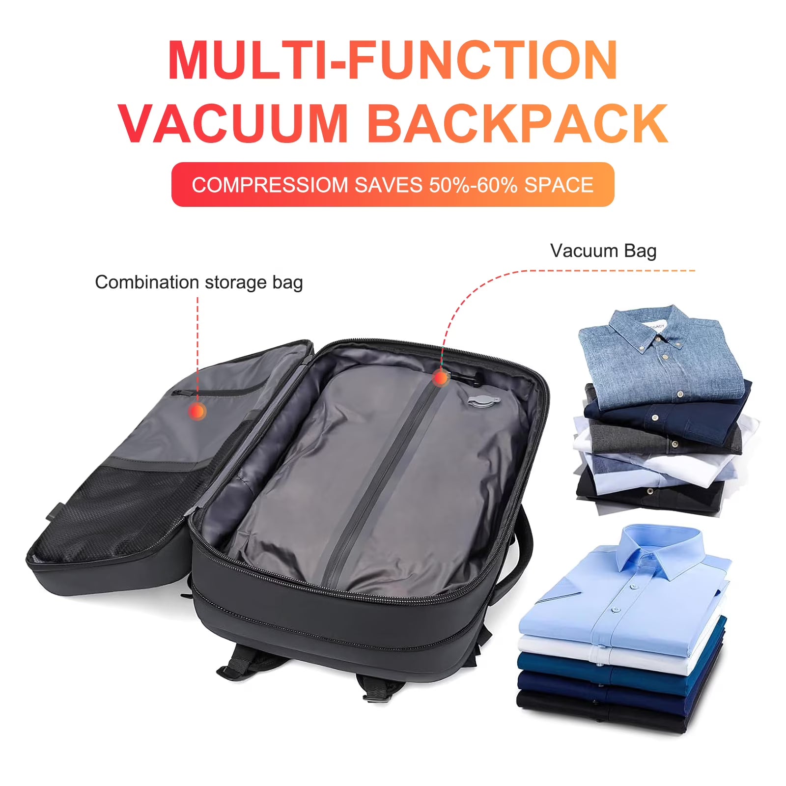 Grey Vacuum Backpack for Travel Water Resistant , Kabaqoo 60L Expandable Vacuum Compression Bag with Electric Vacuum Pump, TSA Lock, Wet Dry Separation, Gifts