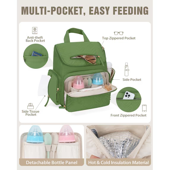 KABAQOO Diaper Bag Backpack with Changing Pad and Insulated Pockets, Green
