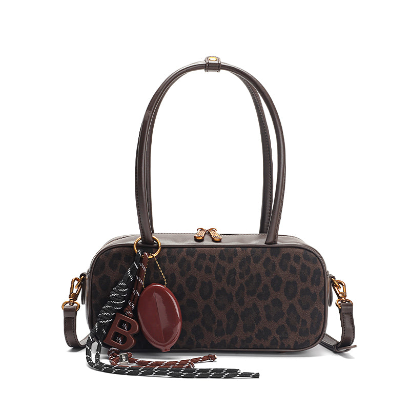 Classic Leather Leopard Print Bowling Bag