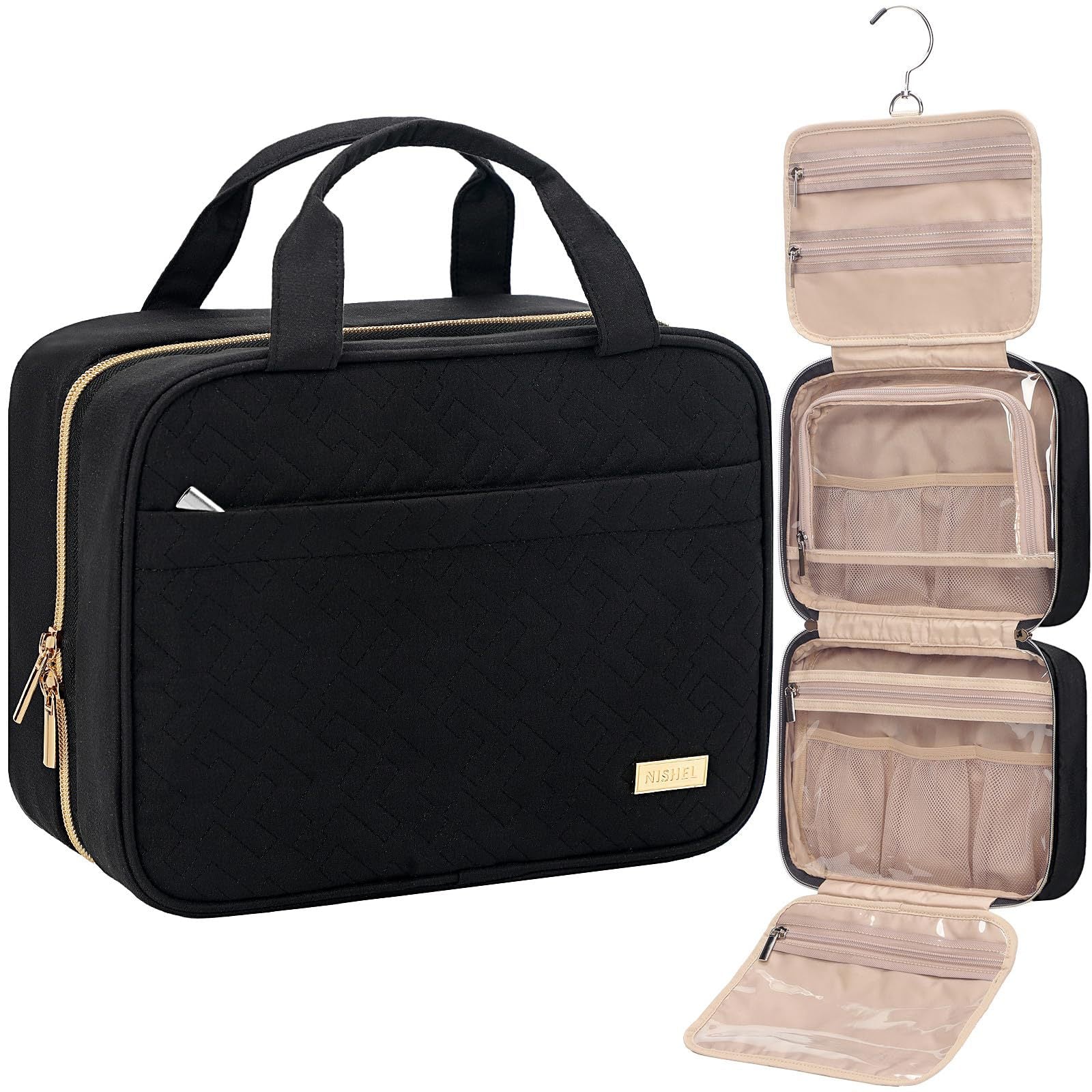 Portable Hanging Travel Toiletry Bag for Women. Large Organizer for Full-Sized Shampoo Black Extra-Large Portable Hanging Travel Toiletry Bag for Women. Large Organizer for Full-Sized Shampoo Black Extra-Large