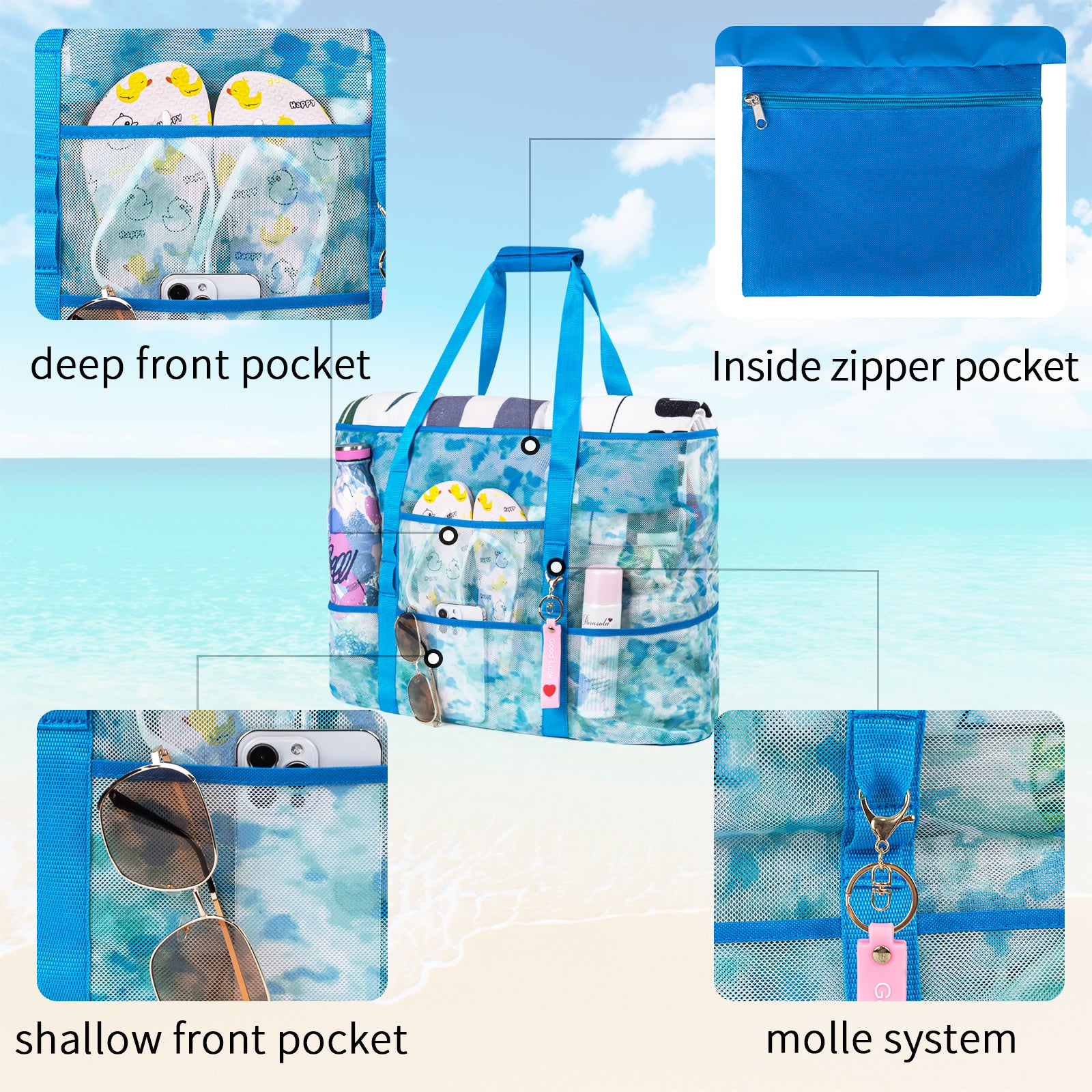 Large Pattern Beach Bag for Women with Zipper Lightweight Handbag Tie-dye