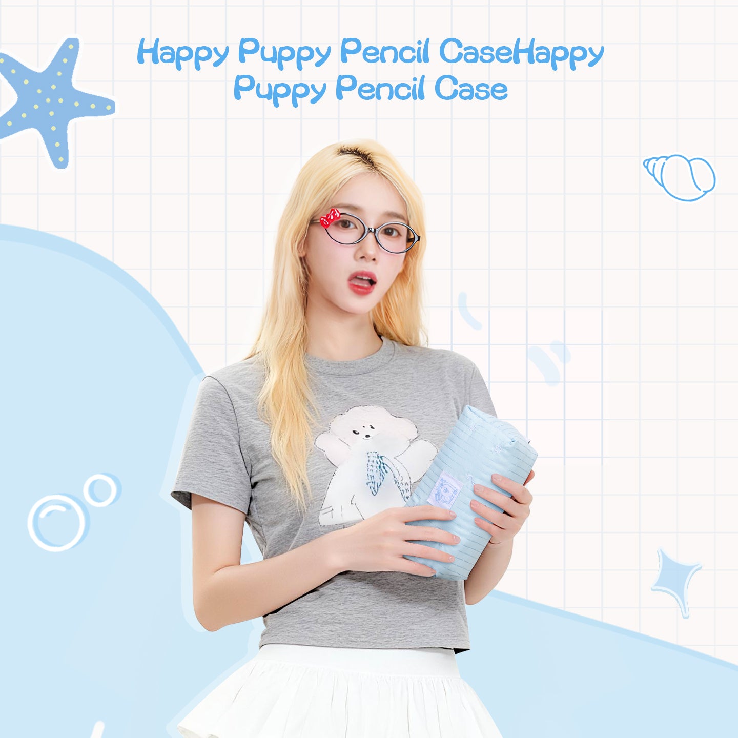 Little Conch Happy Puppy Pencil Case Light Blue