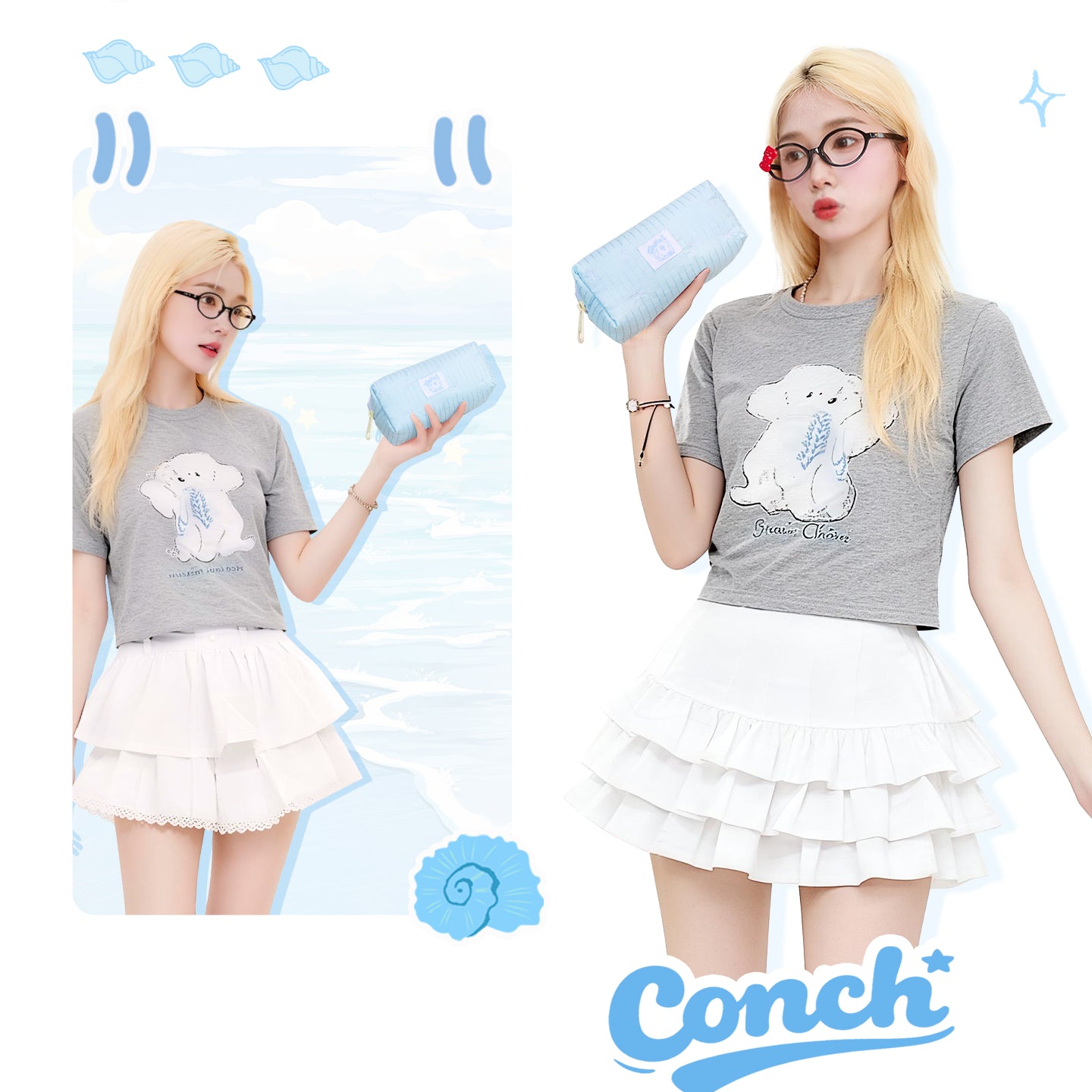 Little Conch Happy Puppy Pencil Case Light Blue