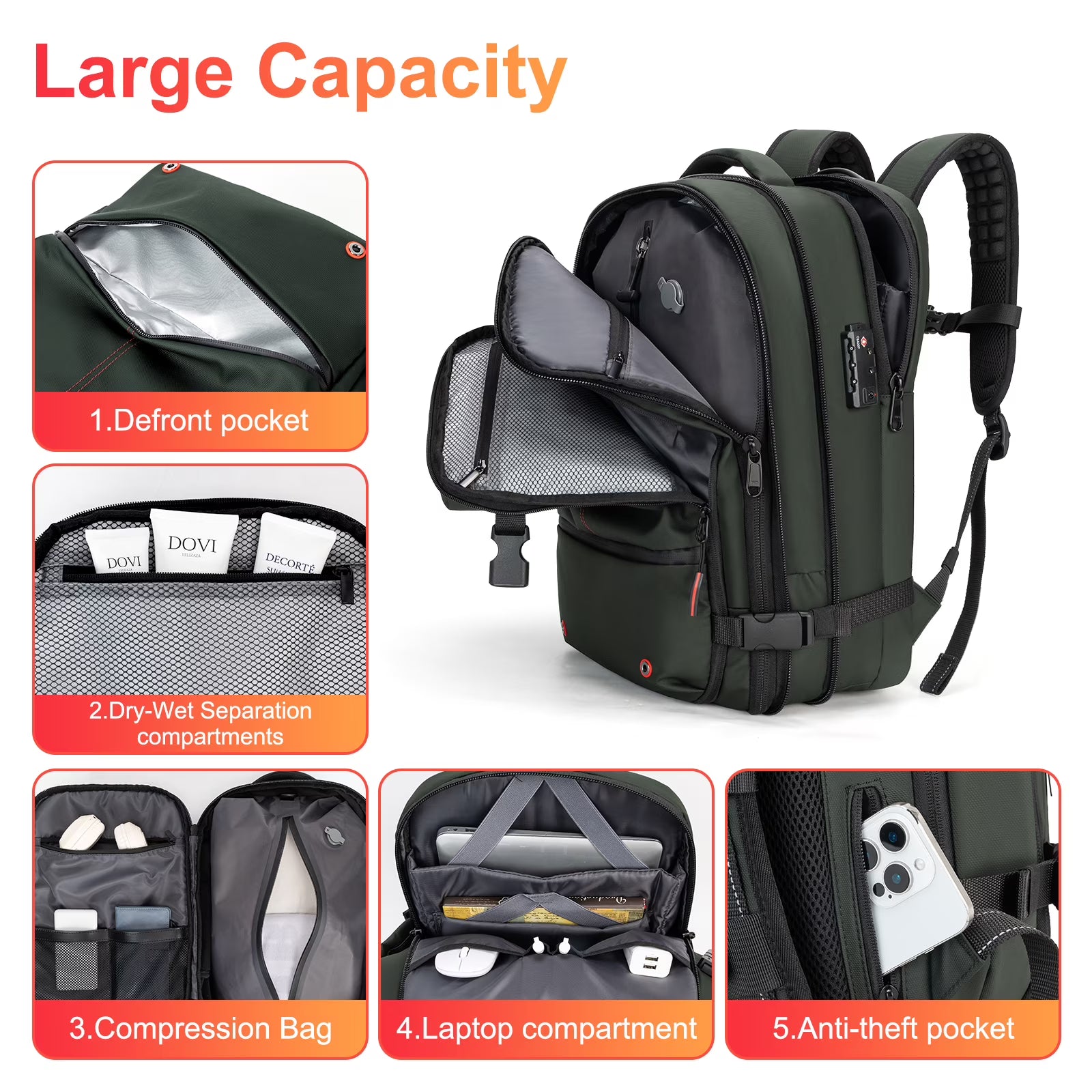 Green Vacuum Backpack for Travel Water Resistant , Kabaqoo 60L Expandable Vacuum Compression Bag with Electric Vacuum Pump, TSA Lock, Wet Dry Separation, Gifts
