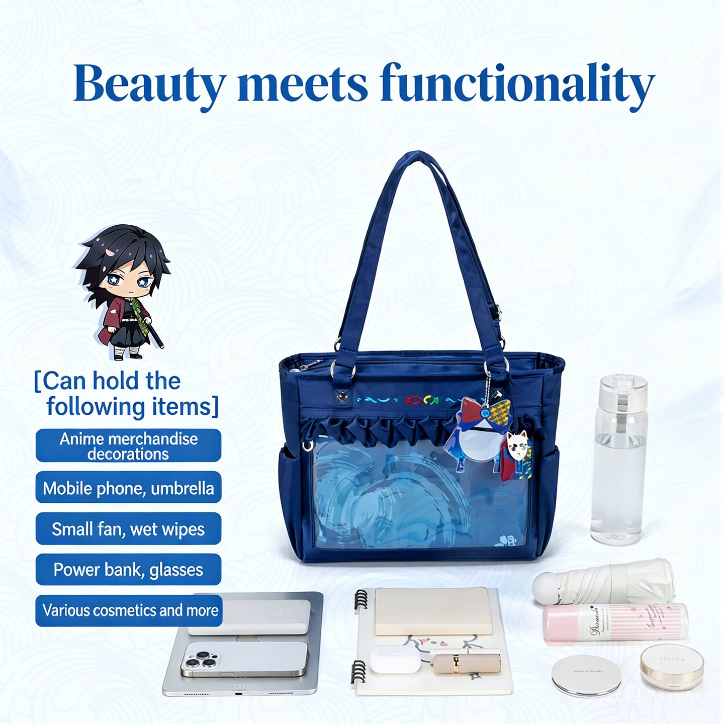 Water Hashira Demon Slayer Ita Bag | Ripples in the Deep Blue Elegant Anime Tote Shoulder Bag strap and carrying detail