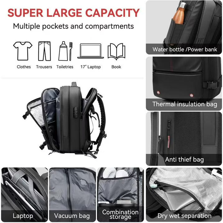 Vacuum Backpack for Travel Water Resistant , Kabaqoo 60L Expandable Vacuum Compression Bag with Electric Vacuum Pump, TSA Lock, Wet Dry Separation, Gifts