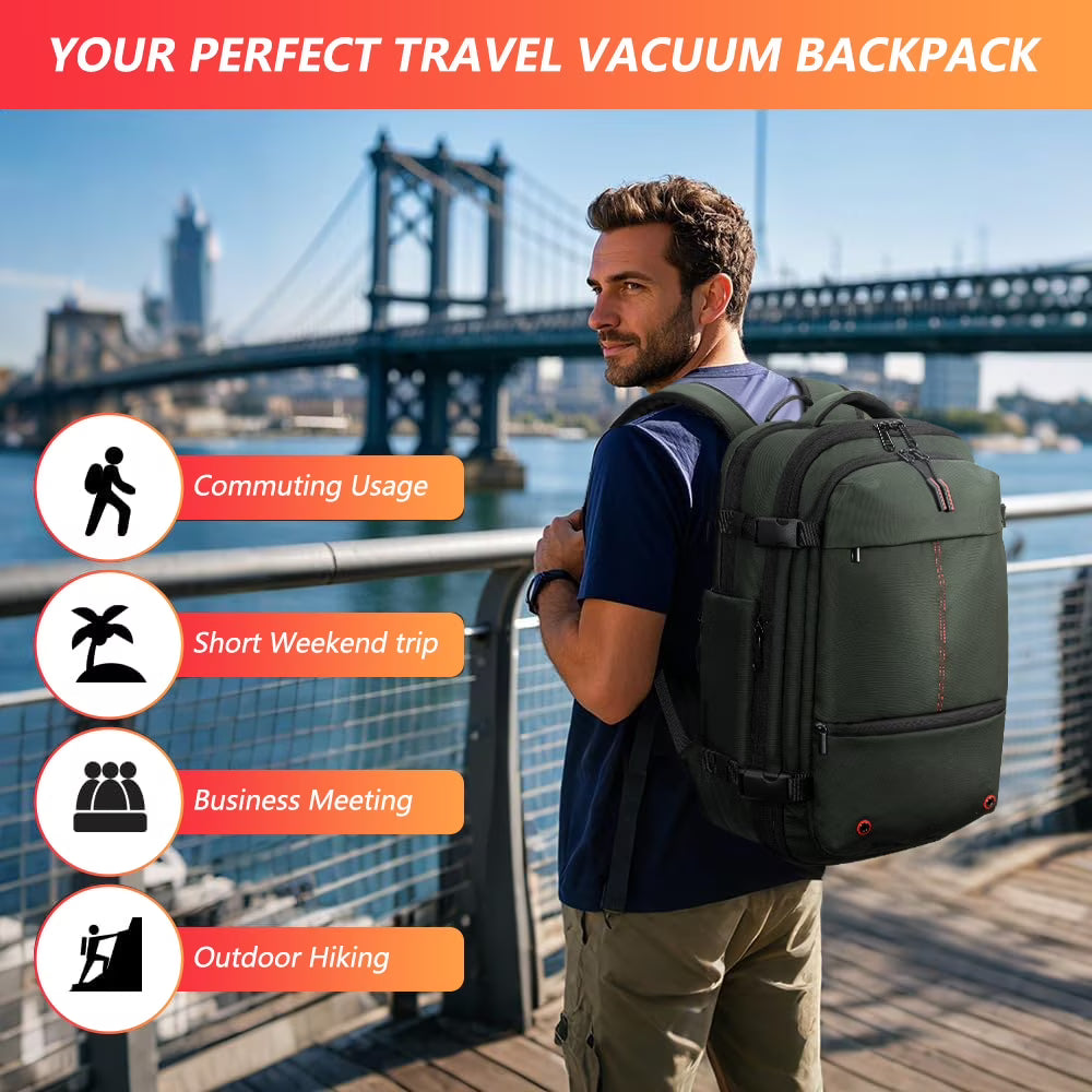 Green Vacuum Backpack for Travel Water Resistant , Kabaqoo 60L Expandable Vacuum Compression Bag with Electric Vacuum Pump, TSA Lock, Wet Dry Separation, Gifts