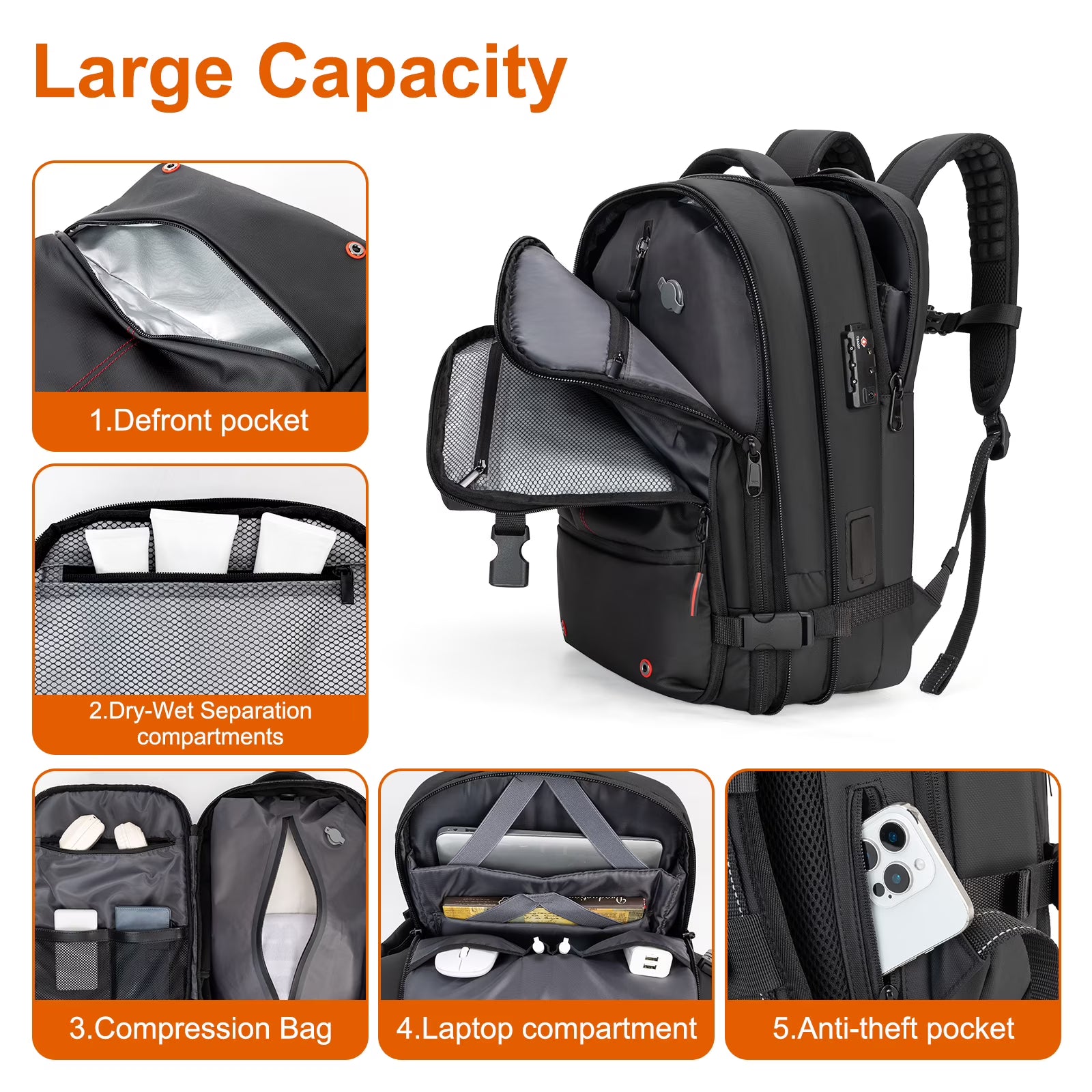 Black(Upgraded) Vacuum Backpack Travel with Built-in Pump 80L Expandable Travel Backpack with Vacuum System, TSA Lock Water Resistant Carry-On Backpack