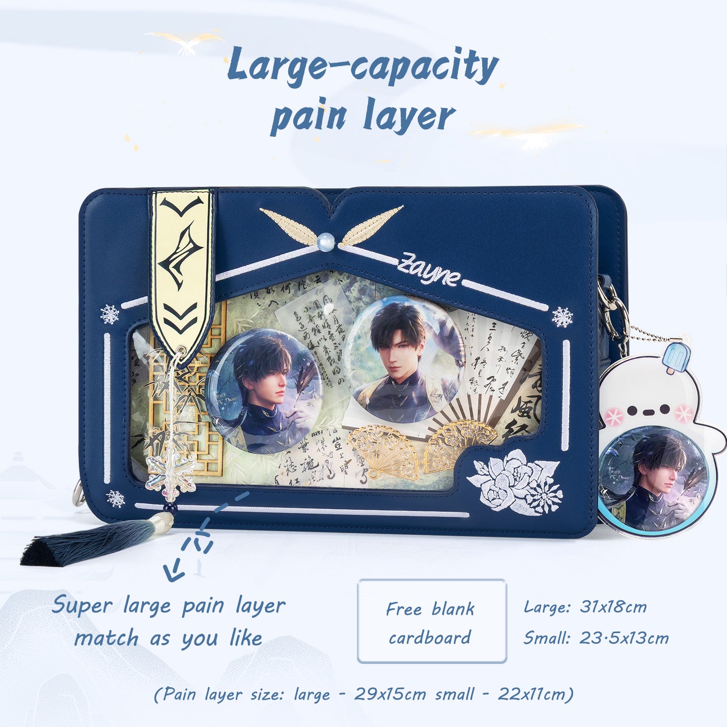Moli blue Ita Bag displaying anime pins, photocards and character charms