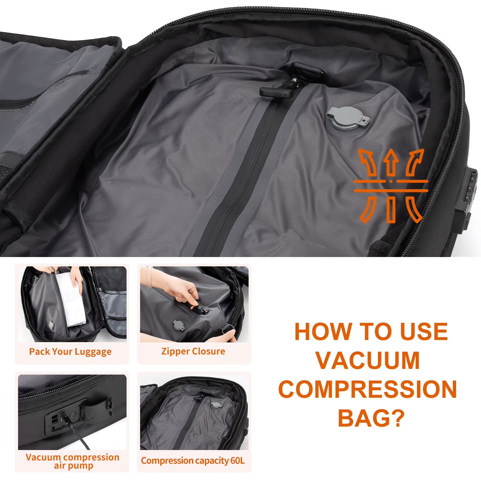 Black(Upgraded) Vacuum Backpack Travel with Built-in Pump 80L Expandable Travel Backpack with Vacuum System, TSA Lock Water Resistant Carry-On Backpack