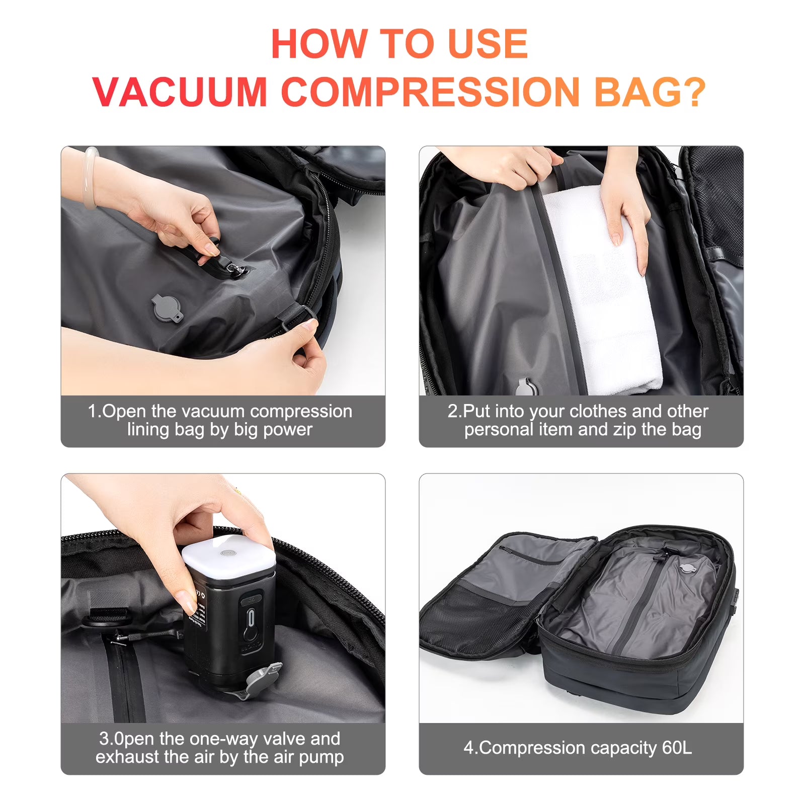 Grey Vacuum Backpack for Travel Water Resistant , Kabaqoo 60L Expandable Vacuum Compression Bag with Electric Vacuum Pump, TSA Lock, Wet Dry Separation, Gifts