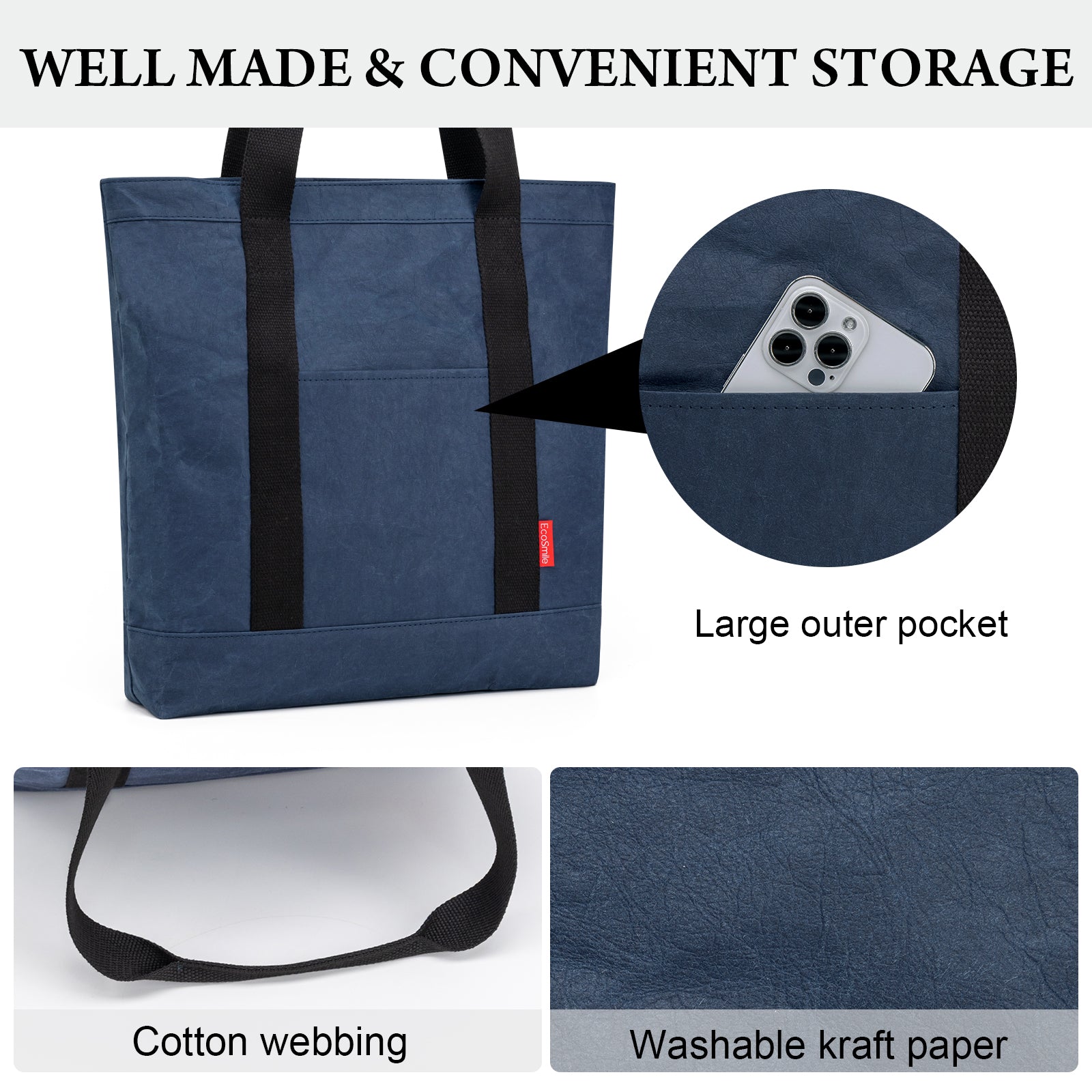 Washable Kraft Paper Tote Bag Handbag Eco-Friendly