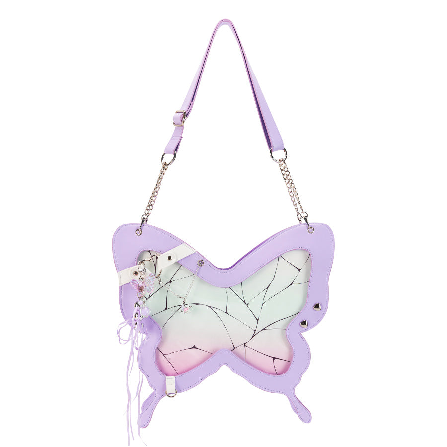 Butterfly-shaped ita bag side view and hardware detail