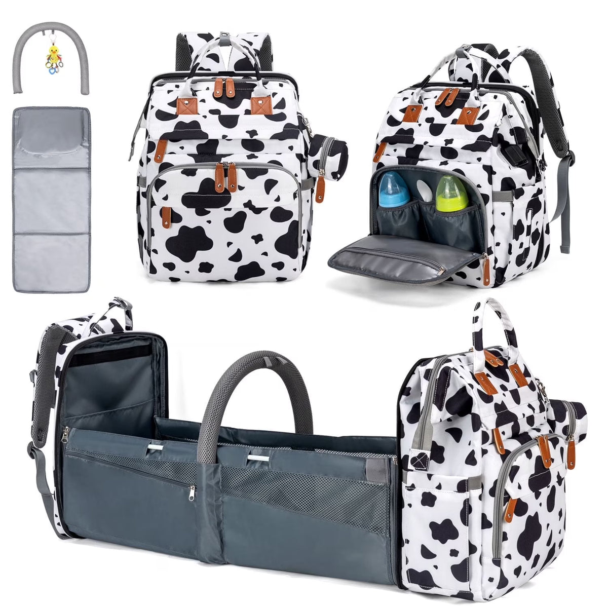 Baby Diaper Bag Backpack with Changing Station & USB Charging Port, Multifunctional Newborn Baby Bag Backpack, Cow
