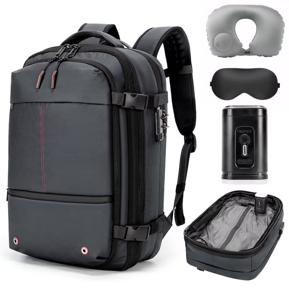 Grey Vacuum Backpack for Travel Water Resistant , Kabaqoo 60L Expandable Vacuum Compression Bag with Electric Vacuum Pump, TSA Lock, Wet Dry Separation, Gifts
