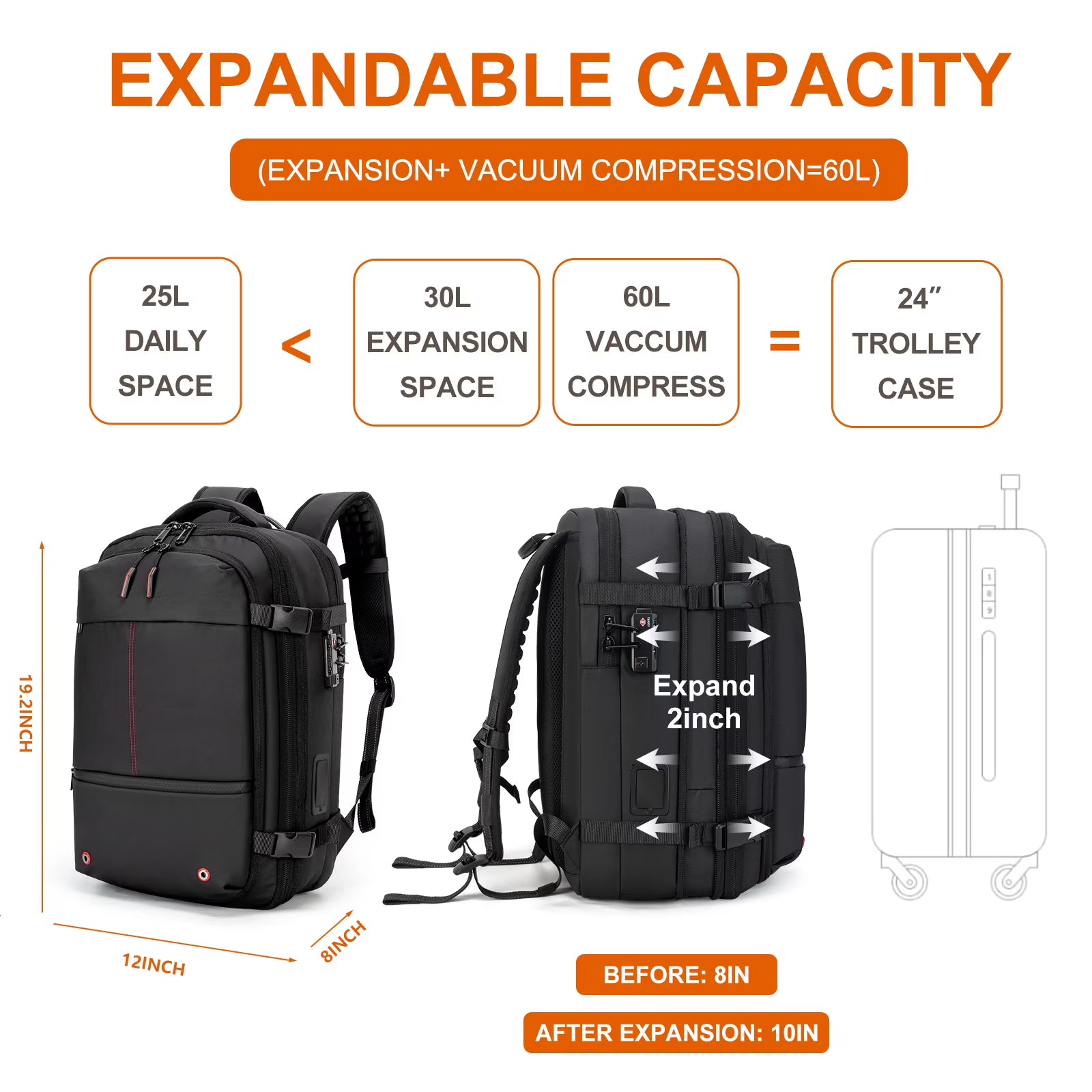 Black(Upgraded) Vacuum Backpack Travel with Built-in Pump 80L Expandable Travel Backpack with Vacuum System, TSA Lock Water Resistant Carry-On Backpack