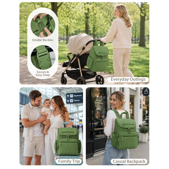 KABAQOO Diaper Bag Backpack with Changing Pad and Insulated Pockets, Green